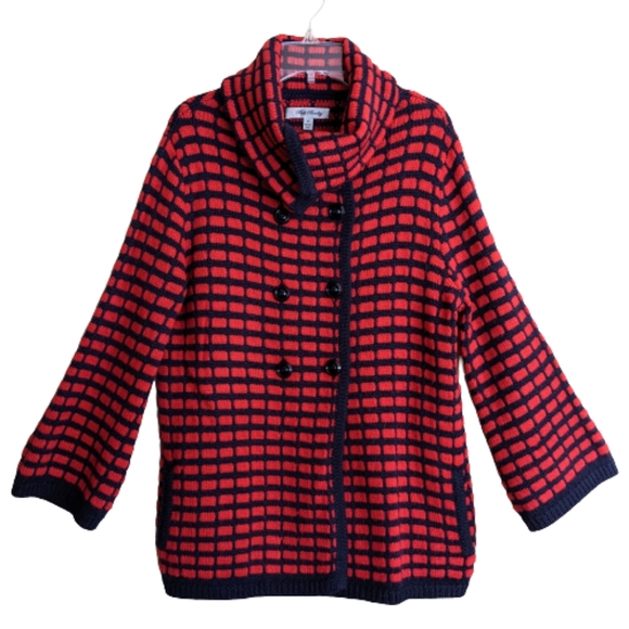 Beth Bowley Sweaters - Beth Bowley Cardigan Sweater Red Blue Wool Cowl Neck Check Size Small